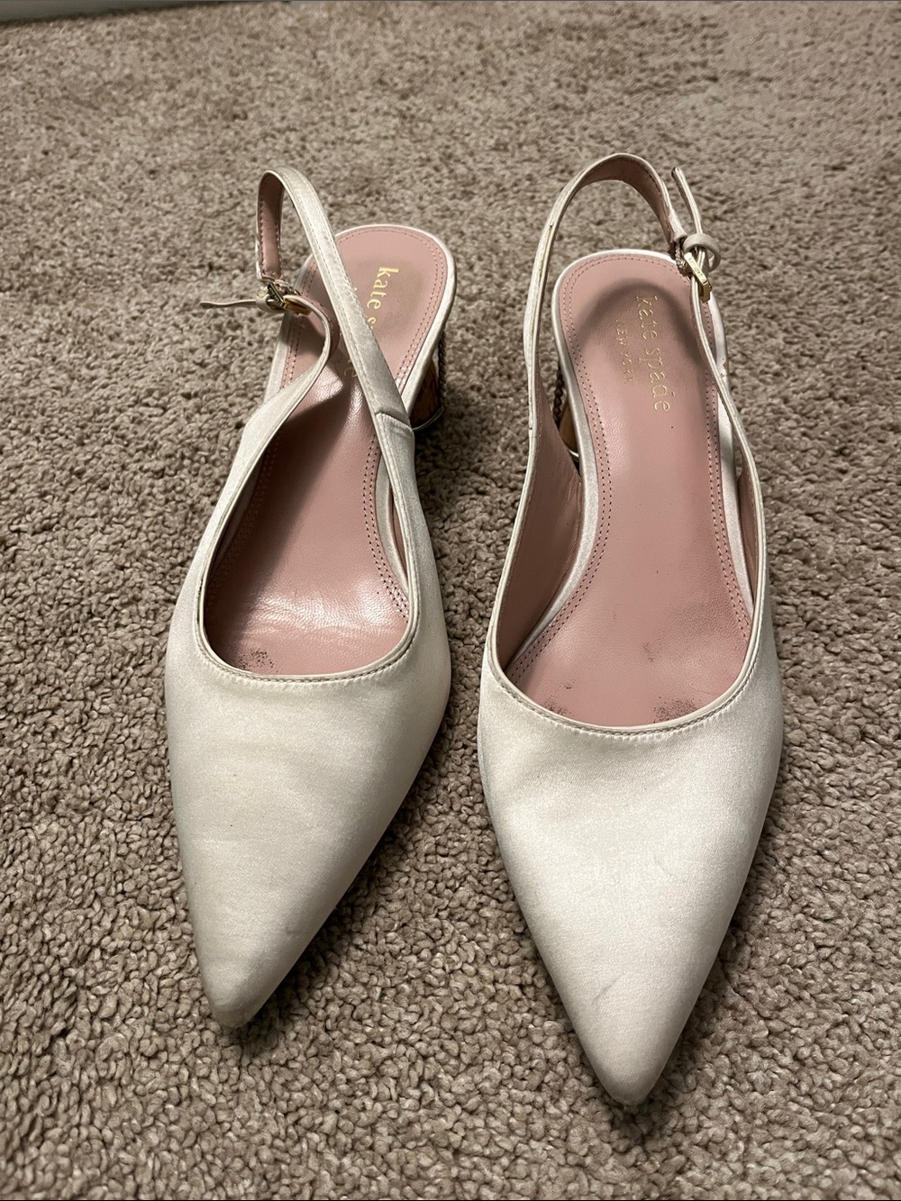 kate spade Ivory Satin Pointed-Toe Slingback Heels with Pink Insole